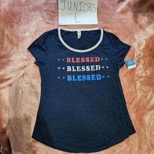 Juniors L Blessed Red White Blue Made in America Star Fireworks Graphic Tee NWT